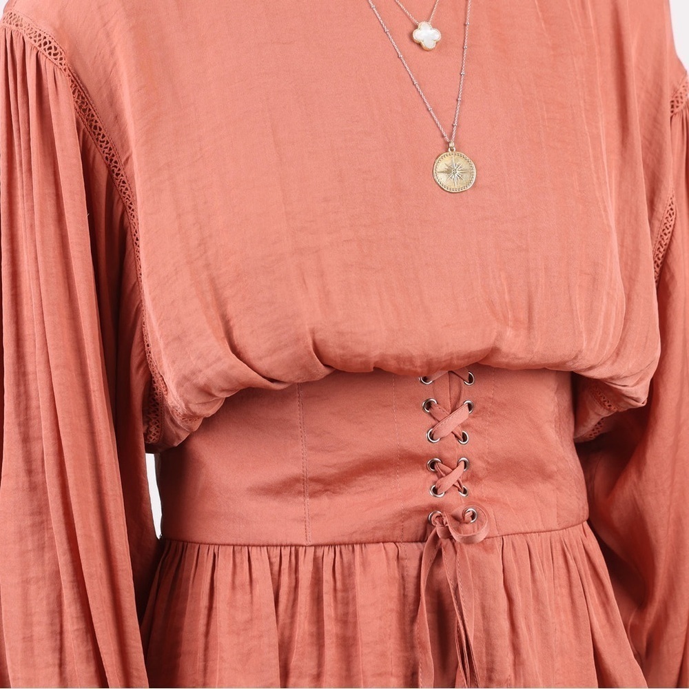 Free People Corset Blouse Top Smocked Balloon Sleeve Bohemian Texas Orange Small - Picture 7 of 11